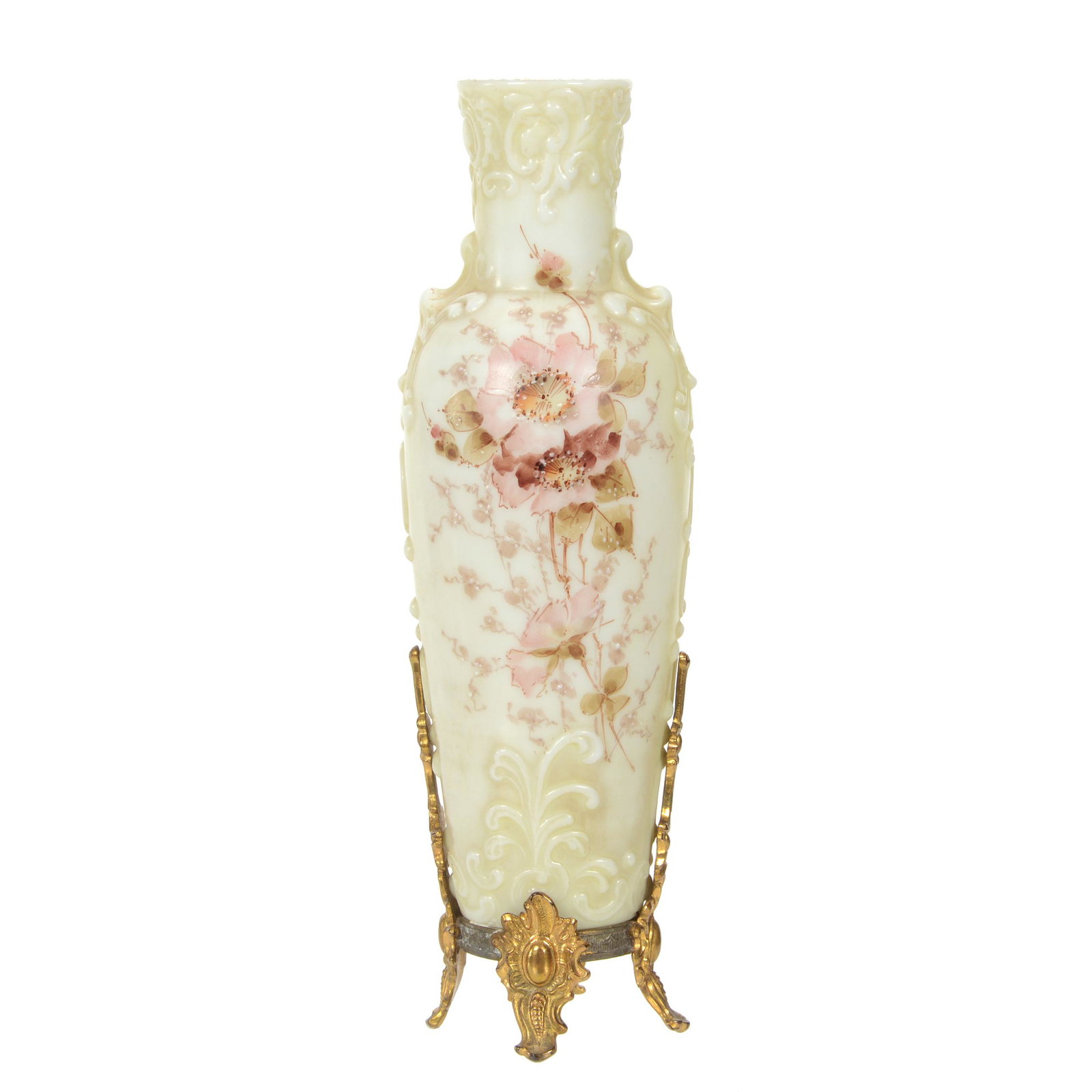 Vase, Wave Crest (Banner Mark) Art Glass: Vase, Wave Crest (Banner Mark) Art Glass, 10.5" x 3.25", Embossed Scroll Mold, Yellow And White Tones With Pink Floral Decor, Gilt Metal Feet, Dr. Peter And Grace Jochimsen.
