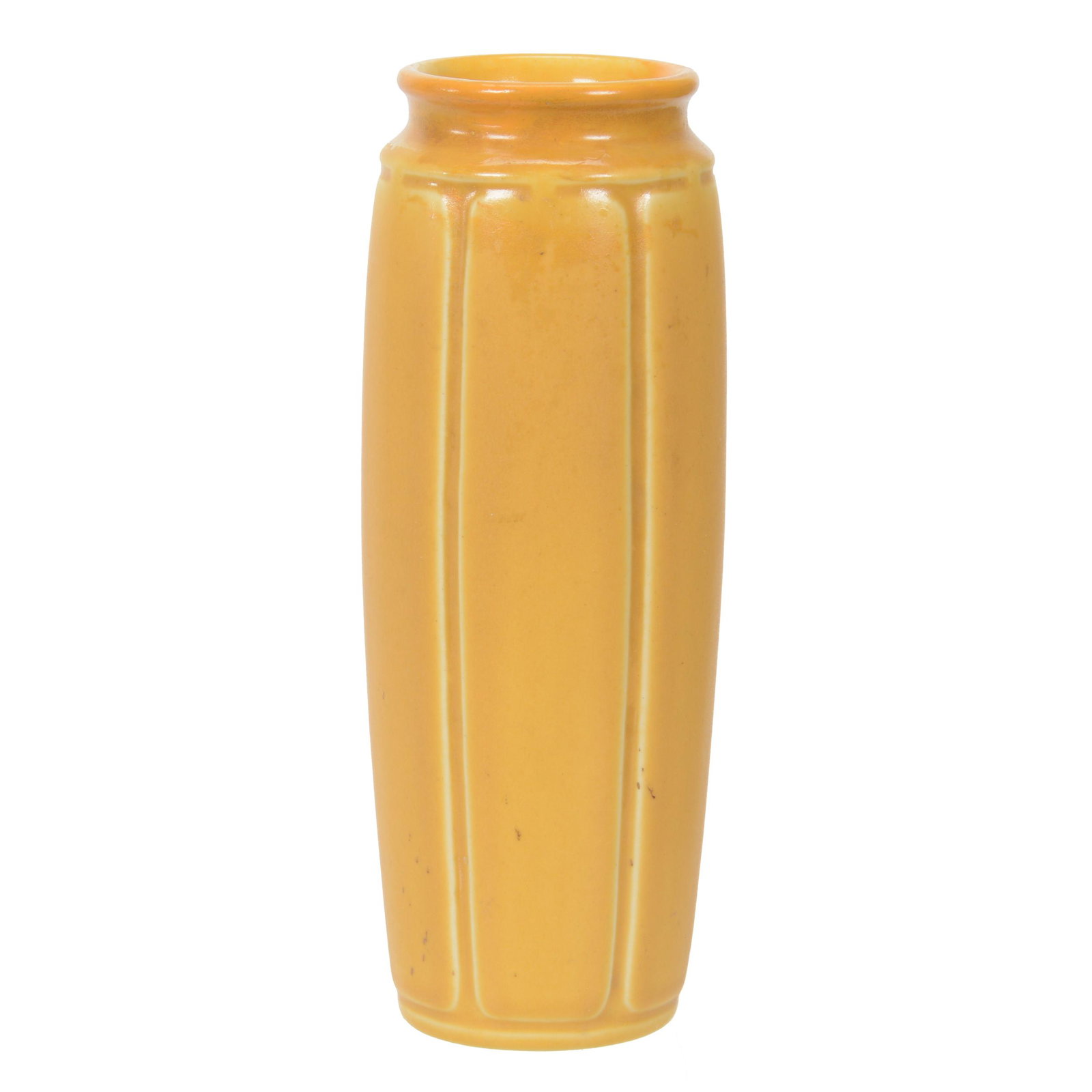 Vase, Marked Rookwood Dated 1928: Vase, Marked Rookwood Dated 1928, 9.25" x 3.25", #2420, Yellow Matte Finish, Six Elongated Panels, Professional Rim Touch-Up, Dr. Peter And Grace Jochimsen.
