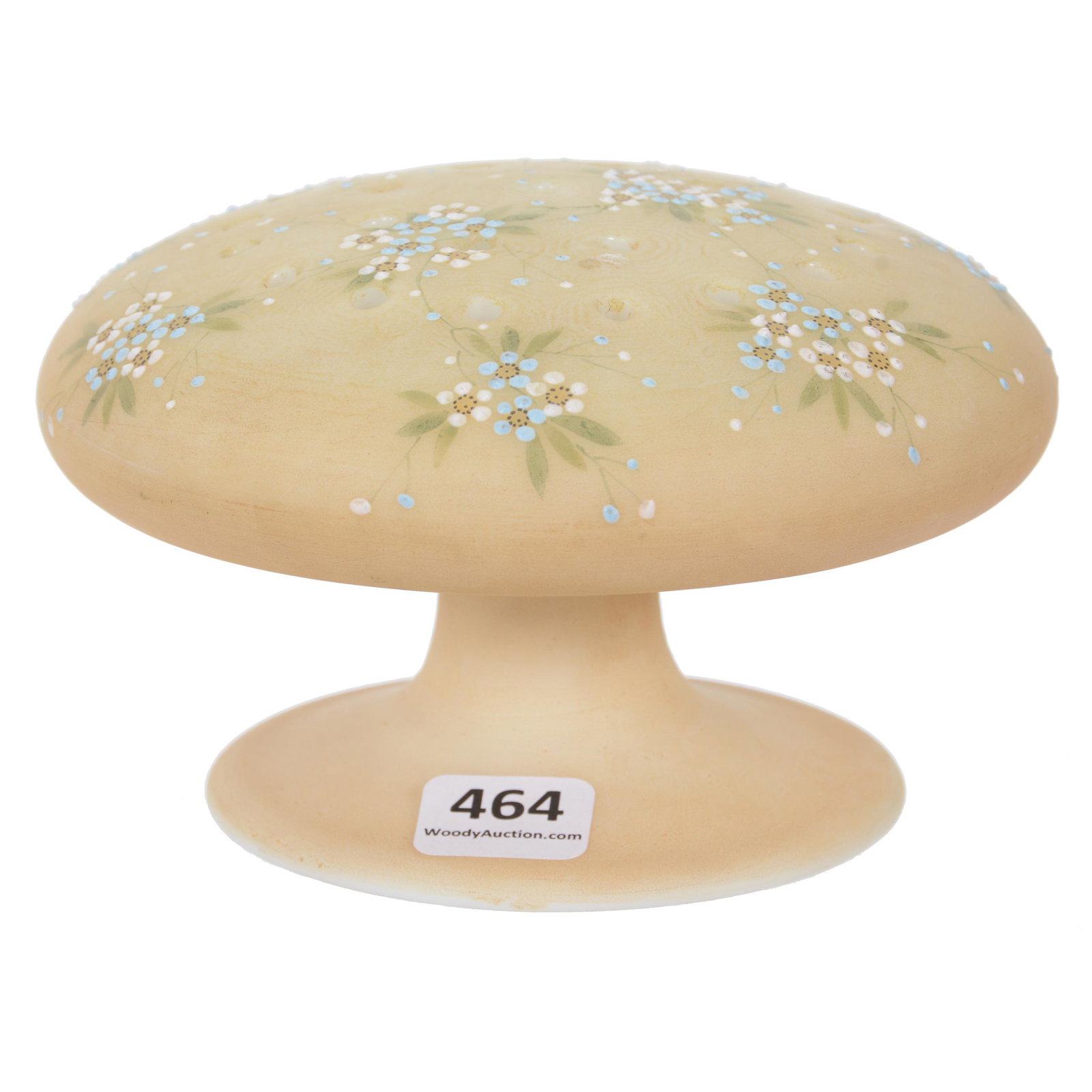 Mushroom Flower Holder, Mt. Washington Art Glass: Mushroom Flower Holder, Mt. Washington Art Glass, 3.25" x 5.25", Unmarked, Cream Tones With Blue And White Enamel Floral Decor, Dr. Peter And Grace Jochimsen.