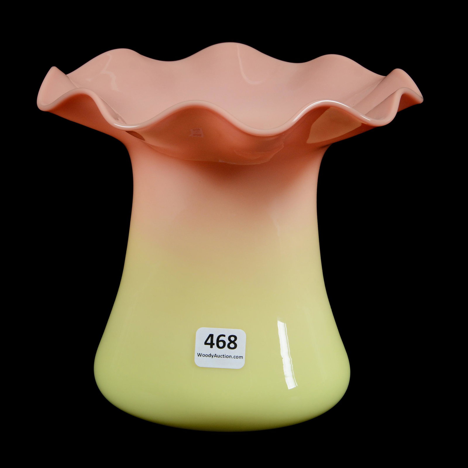 Vase, Unmarked Glossy Burmese Art Glass: Vase, Unmarked Glossy Burmese Art Glass, 6.25" x 7", Ruffled Rim, Polished Pontil Base, Dr. Peter And Grace Jochimsen.