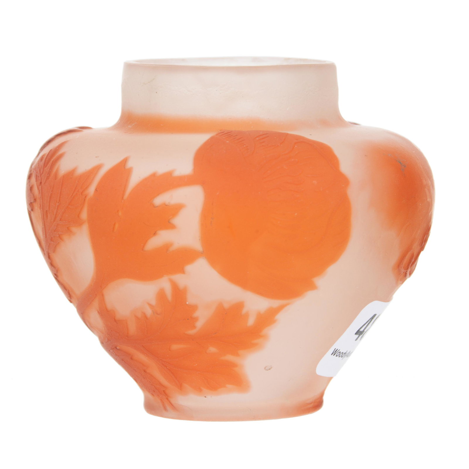 Vase, Signed Galle French Cameo Art Glass: Vase, Signed Galle French Cameo Art Glass, 2.5" x 2.75", White And Orange Ground With Orange Cameo Carved Floral Overlay, Dr. Peter And Grace Jochimsen.
