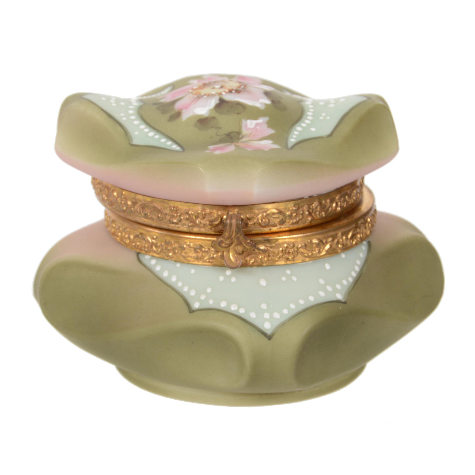 Jewel Box, Marked Nakara Art Glass: Jewel Box, Marked Nakara Art Glass, 4" x 5.25", Bishop's Hat Mold, Green And Pink Tones With Pink Floral Decor, White Beaded Tapestry Highlights, Original Lining, Dr. Peter And Grace Jochimsen.