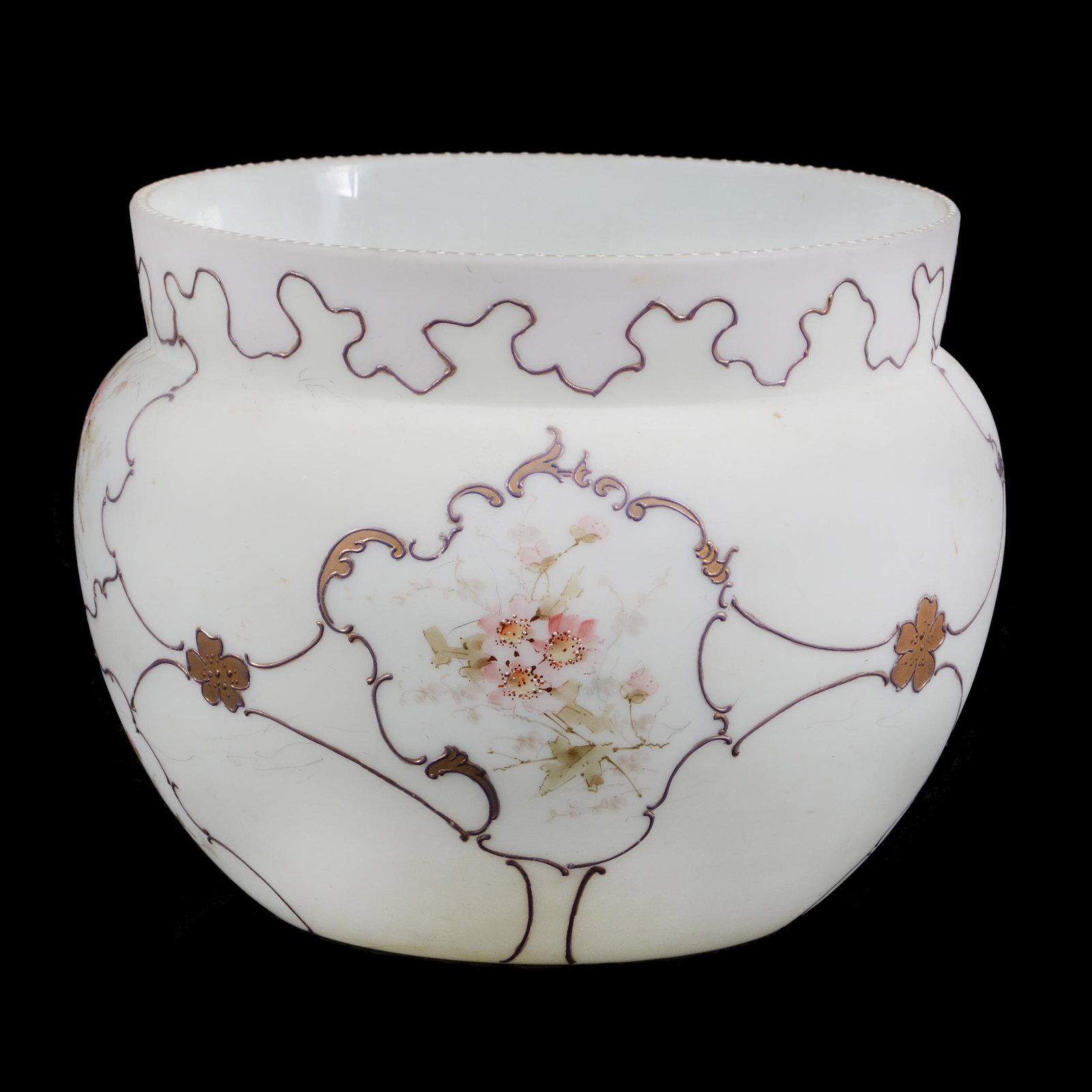 Jardiniere, Unmarked Wave Crest Art Glass: Jardiniere, Unmarked Wave Crest Art Glass, 7.75" x 10", White And Pink Tones With Enameled Segments, Pink Floral Decor, Dr. Peter And Grace Jochimsen.