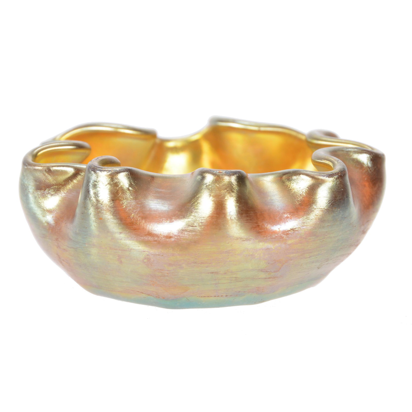 Salt Dip, Marked L.C.T. (Tiffany) Art Glass: Salt Dip, Marked L.C.T. (Tiffany) Art Glass, 1" x 2.75", Gold Iridescence With Crimped Rim, Dr. Peter And Grace Jochimsen.