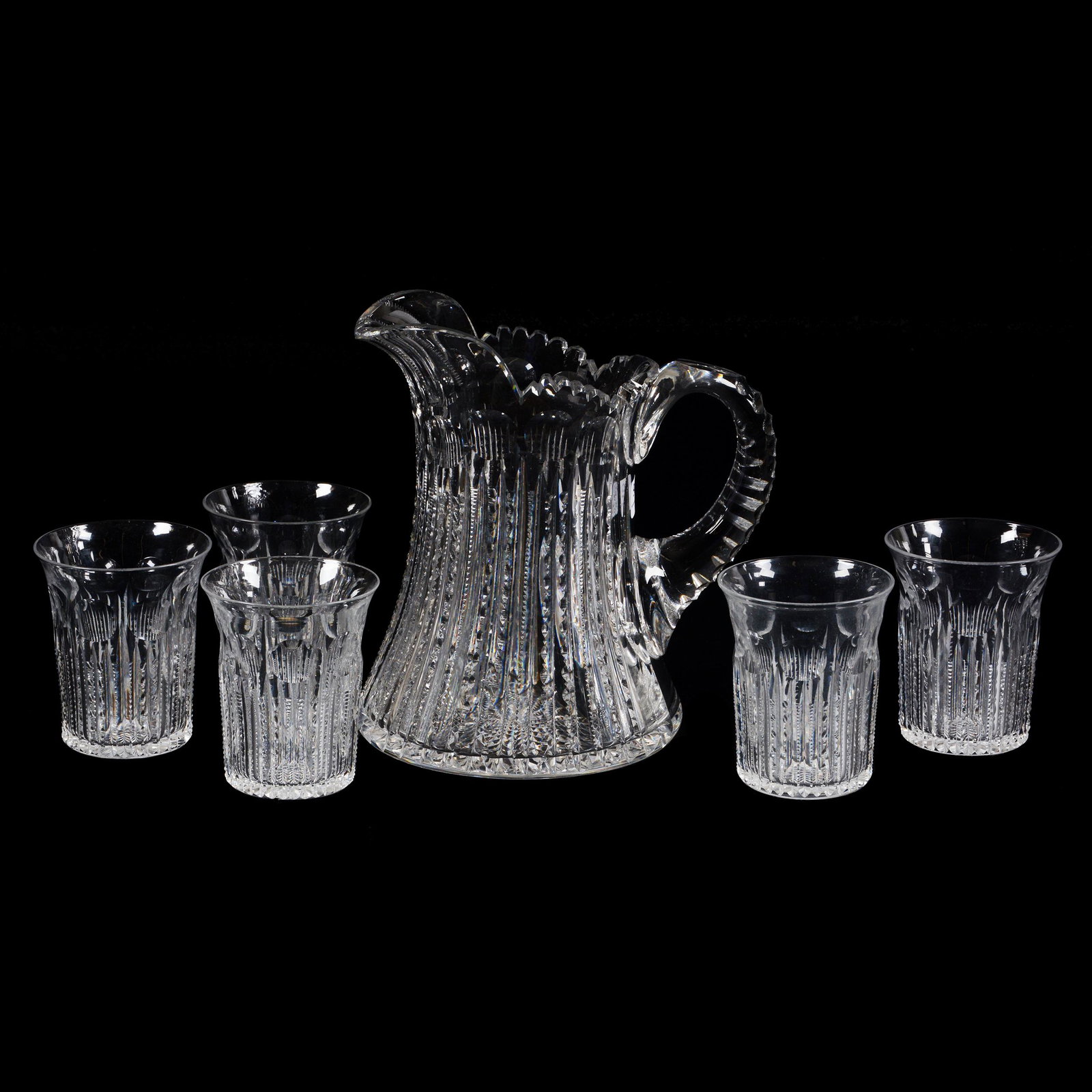 Water Set, ABCG, Cambridge Pattern By Pairpoint: Water Set, ABCG, Cambridge Pattern By Pairpoint, (1) 8.5" X 8" Pitcher, Triple Notched Handle, Hobstar Base, (6) Matching 3.875" Tumblers, Ray Cut Base, Tooth Chip, CA Private Collection. UPDATED 11-2