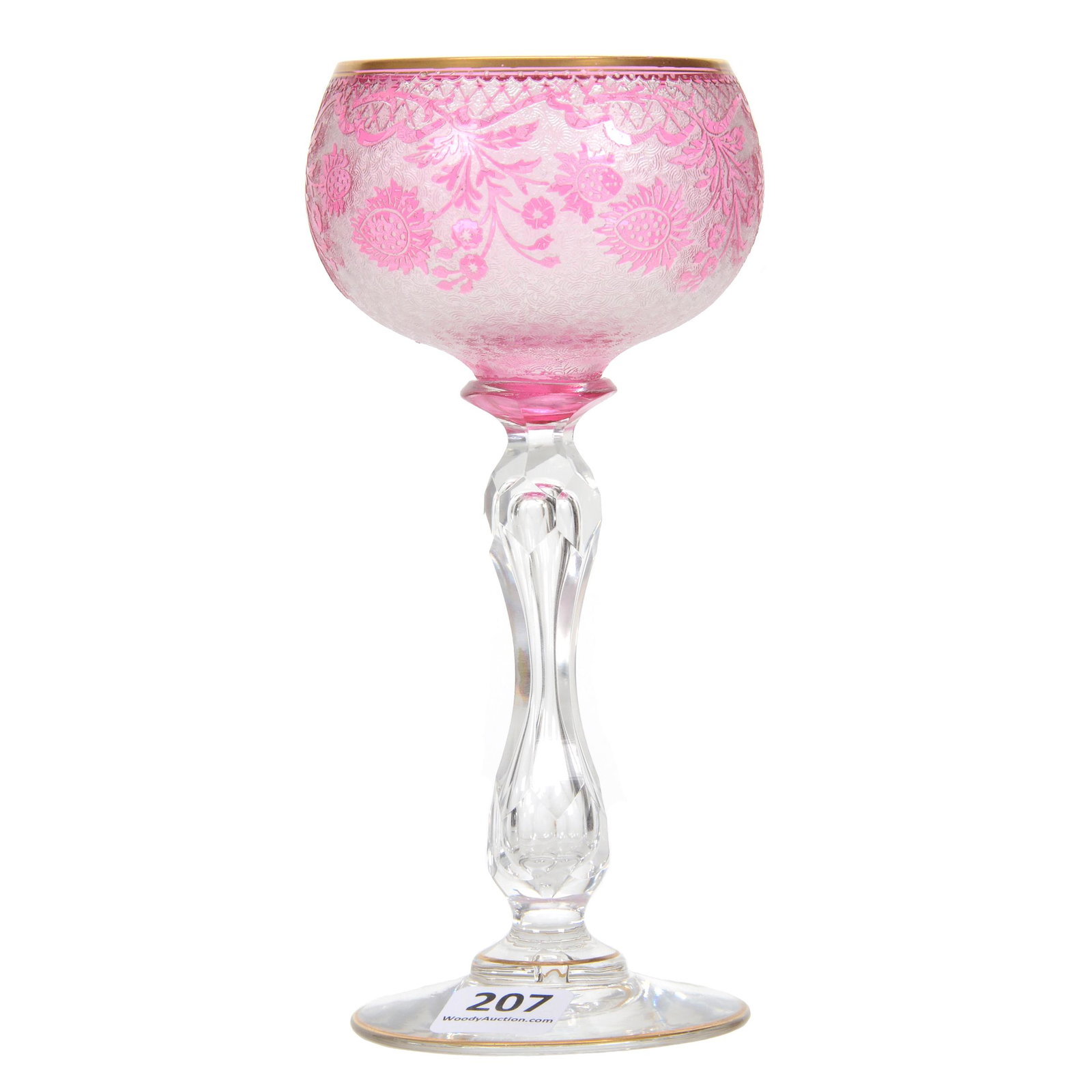 Wine Stem, BPCG, Cranberry Cut To Clear: Wine Stem, BPCG, Cranberry Cut To Clear, 6.75" x 3.25", Mercury Pattern By Val St. Lambert, Circa 1910, Nice Acid Cut Decor, Facet Cut Hourglass Stem, Gilded Trim Highlights, MO Private Collection.