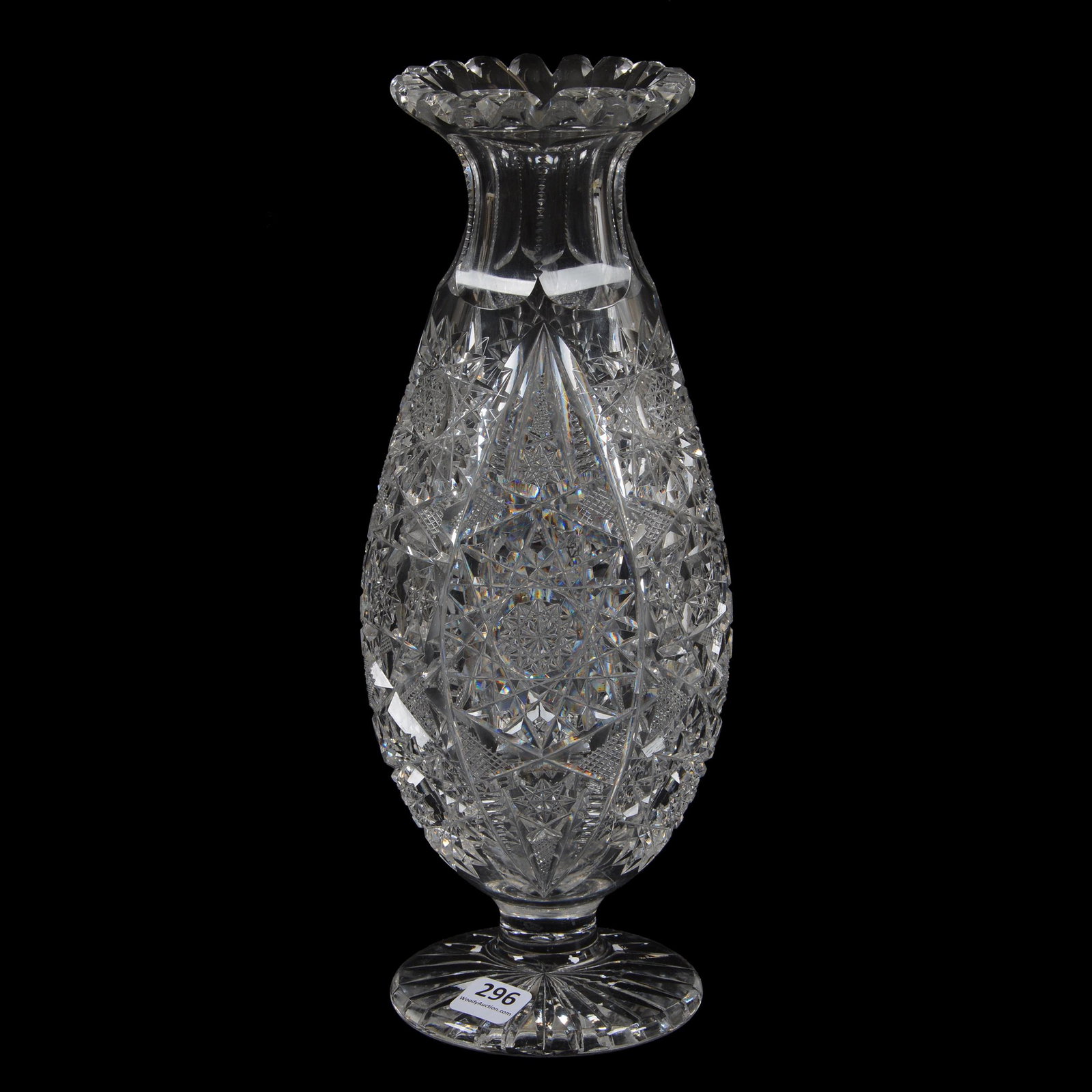 Pedestal Vase, American Brilliant Cut Glass: Pedestal Vase, American Brilliant Cut Glass, 11.5" x 4.5", Hobstar, Vesica, Strawberry Diamond Motif, Ray Cut Foot, Nice Form, Patricia And Vance White Collection. 10% Of The Proceeds From This Item W