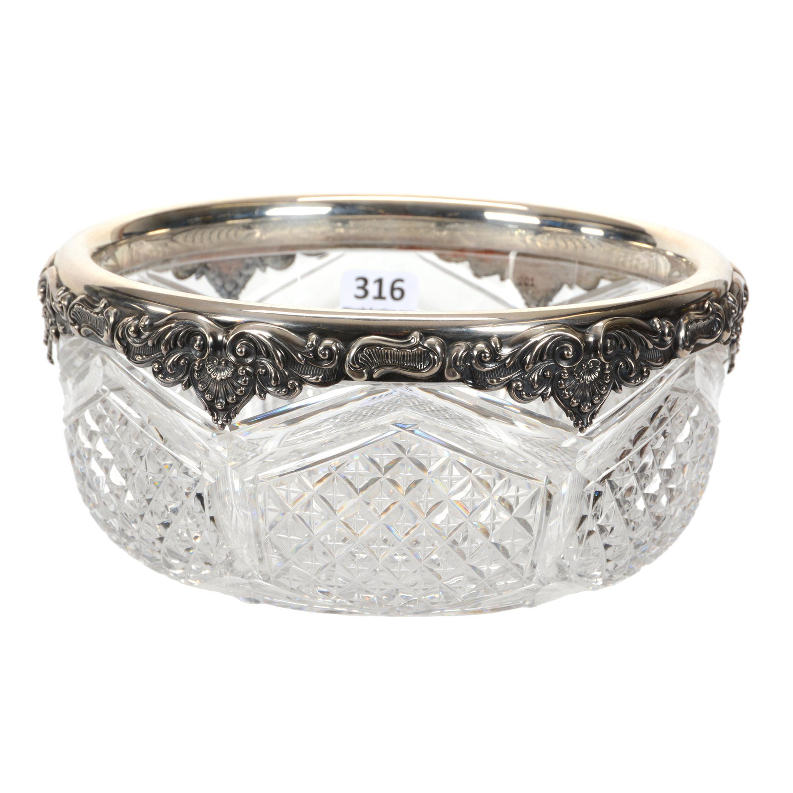 Bowl, ABCG, Gorham #S3148 Embossed Sterling Rim: Bowl, ABCG, Gorham #S3148 Embossed Sterling Rim, 3.5" x 7.25", Hobstar Center With Six Panels Of Star Diamond Highlights, Quality Piece, TX Private Collection.