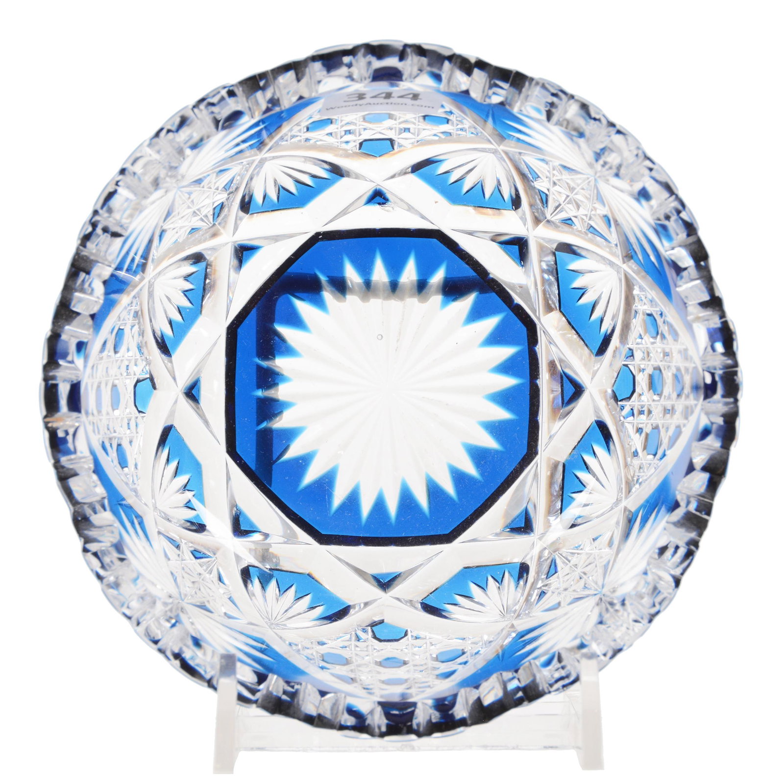 Bowl, BPCG, Blue Cut To Clear: Bowl, BPCG, Blue Cut To Clear, 2.25" x 5", Pattern HF-421 By Val St. Lambert, Circa 1910, Outside Tooth Chip, MO Private Collection.