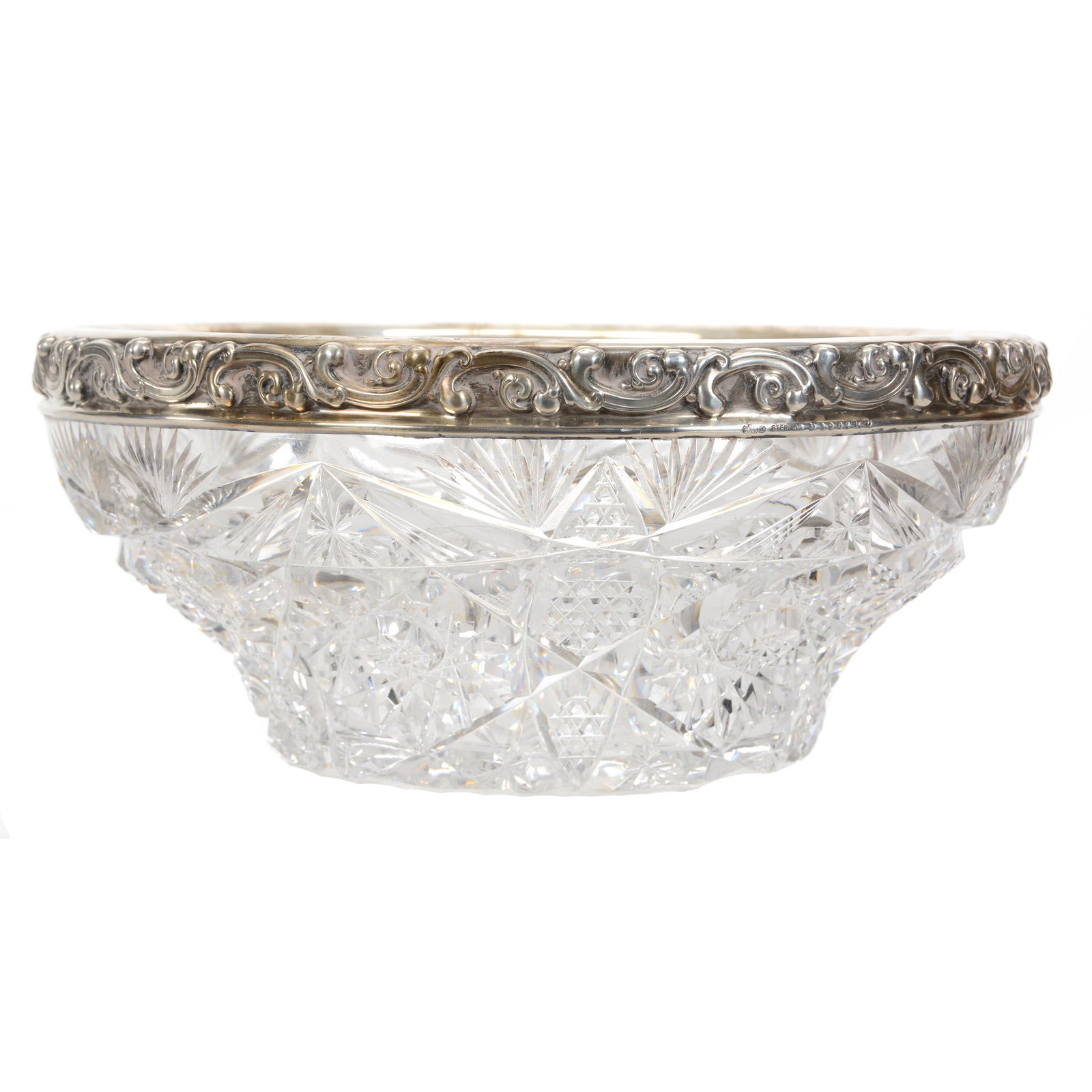 Bowl, ABCG, Embossed Gorham #D1062M Sterling Rim: Bowl, ABCG, Embossed Gorham #D1062M Sterling Rim, 4" x 9", Hobstar, Vesica, Nailhead Diamond, Strawberry Diamond, Star And Fan Motif, Some Streaks Of Light Color Staining, MO Private Collection.