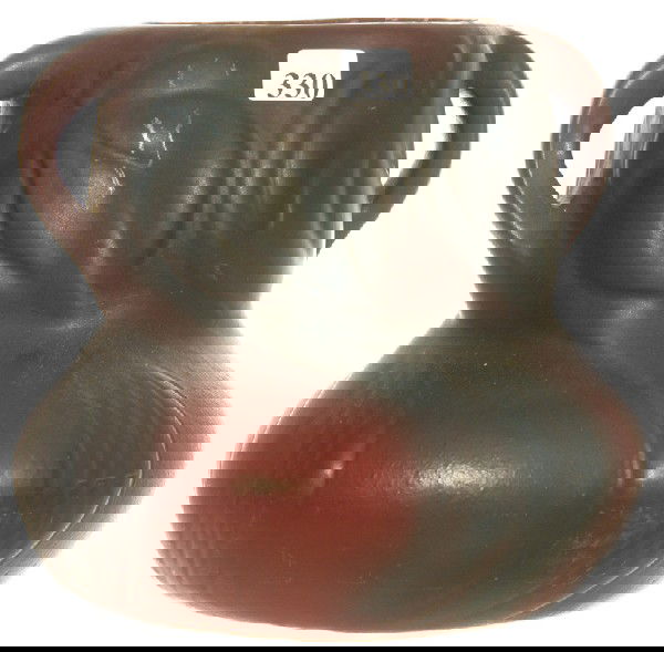 7 1/2" X 8" VAN BRIGGLE POTTERY TWO HANDLED VASE: 7 1/2" X 8" VAN BRIGGLE POTTERY TWO HANDLED VASE - MULBERRY MATTE FINISH WITH BLUE OVERSPRAY - LARGE LEAF MOLD DESIGN - CIRCA 1920'S