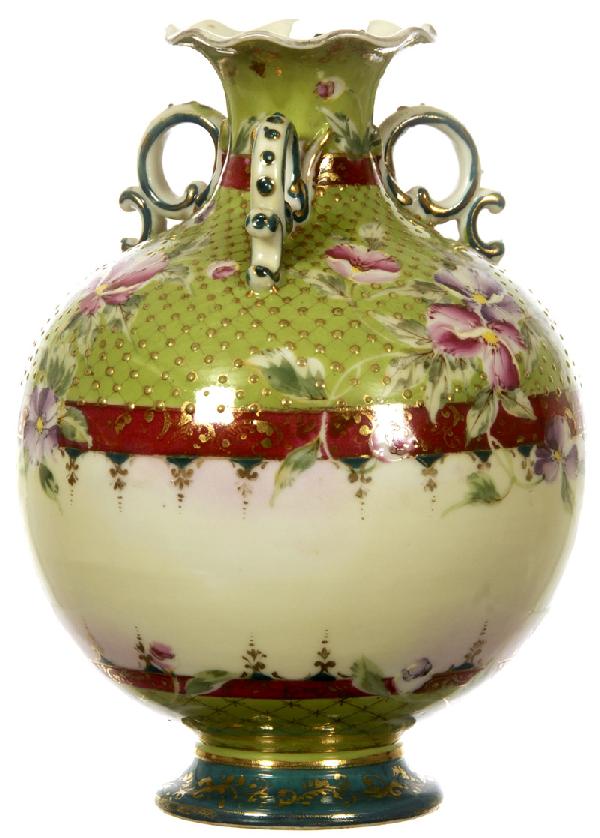 8 1/2" UNMARKED NIPPON THREE HANDLED BALL VASE: 8 1/2" UNMARKED NIPPON THREE HANDLED BALL VASE - FLORAL