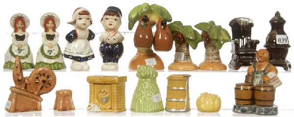 (9) PAIR FIGURAL SALT & PEPPER SHAKERS: (9) PAIR FIGURAL SALT & PEPPER SHAKERS - ROCKING CHAIR & STOVE, PALM TREES, PALM HOLDING BAG, WHEAT STALK & MELON, SPINNING WHEEL & STOOL, SOUTHERN BELLE, BOY & GIRL KISSING, TAVERN OWNER