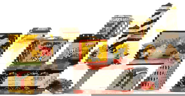 (7) PAIR FIGURAL SALT & PEPPER SHAKERS IN ORIGINAL: (7) PAIR FIGURAL SALT & PEPPER SHAKERS IN ORIGINAL BOXES - CHEESE & GRATER, TRAIN & DEPOT, CHAMPAGNE LADY, BETTY BOOP LUNCH TIME, BOTTLE & MUG, LIGHT HOUSES, CHARLIE BROWN & LUCY