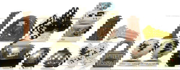 (8) PAIR FIGURAL SALT & PEPPER SHAKERS: (8) PAIR FIGURAL SALT & PEPPER SHAKERS - COFFEE MAKER, GLOBES, FLAT TIRE & AIR PUMP, LOCK & KEY, TOASTER & TOAST, TEXAS & DERRICK, COFFEE POTS, MUSICAL NOTES