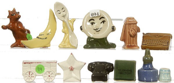 (6) PAIR FIGURAL SALT & PEPPER SHAKERS: (6) PAIR FIGURAL SALT & PEPPER SHAKERS - SPOON & PLATE, OWL & MOON, TYPEWRITER & INK BOTTLE, WATER PUMP & PAIL, PHONE & PHONE BOOK, WAGON & STAR