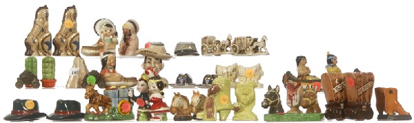 (19) PAIR FIGURAL SALT & PEPPER SHAKERS: (19) PAIR FIGURAL SALT & PEPPER SHAKERS - CONFEDERATE & UNION HATS, INDIAN TEEPEE & CANOE, BOOTS, HORSES, WAGONS, COWBOY, CACTUS AND MORE