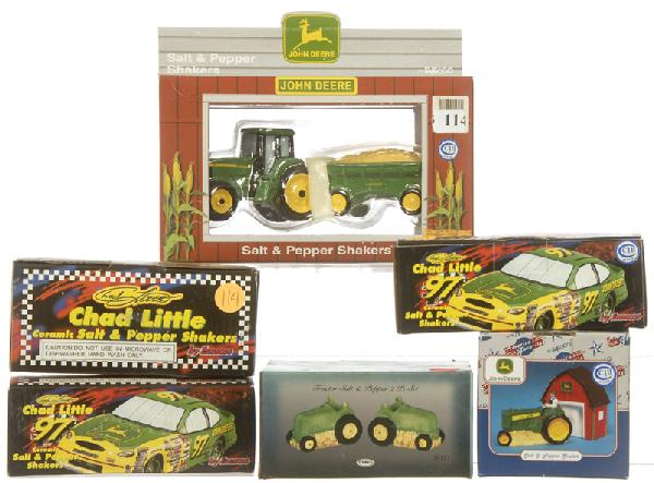 (6) PAIR FIGURAL SALT & PEPPER SHAKERS: (6) PAIR FIGURAL SALT & PEPPER SHAKERS - JOHN DEERE ADVERTISING - ALL IN ORIGINAL BOXES - (3) RACE CARS - (3) TRACTORS