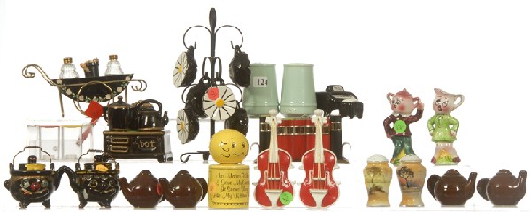 (14) PAIR FIGURAL SALT & PEPPER SHAKERS: (14) PAIR FIGURAL SALT & PEPPER SHAKERS - PIANO & BENCH, TEA KETTLES, CART AND MORE