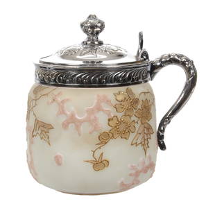 Mustard Jar Marked Crown Milano #529, Art Glass: Mustard Jar Marked Crown Milano #529, Art Glass, 3.75" x 3.5", Cream Tones With Coral Mold And Pink Highlights - Gold Enamel Blossom And Branch Decor - Silverplate Hinged Top With Lid Marked Mt.