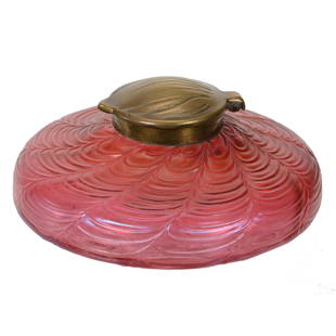 Inkwell, Iridescent Cranberry Art Glass, Web Design: Inkwell, Iridescent Cranberry Art Glass, Web Design, 2" x 5", Attributed To Kralik, Brass Flip Lid, Private Collection
