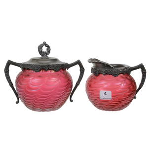 Creamer & Sugar, Iridescent Cranberry Art Glass: Creamer & Sugar, Iridescent Cranberry Art Glass, 5" x 6", Web Design Attributed To Kralik - Silverplate Rim, Private Collection