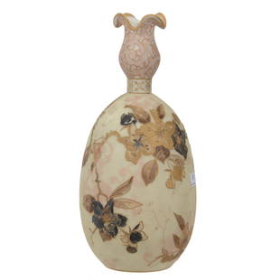 Vase, Unmarked Crown Milano Art Glass (Paper Label): Vase, Unmarked Crown Milano Art Glass (Paper Label), 13.25" x 6", Cream Tones With Pink Scroll Design Background, Heavy Multi Color Gold And Silver Blossom And Branch Decor - Beautiful Vase!, Wilson