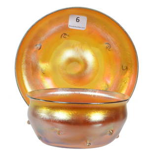 Fingerbowl & Underplate Signed L.C.T. (Tiffany): Fingerbowl & Underplate Signed L.C.T. (Tiffany), 2.5" x 6", Gold Iridescent With Pulled Loop Design - Nice Matched Pair!, Collection of David Halsted, Kansas