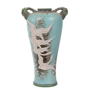 Vase Marked Nippon Two Handled, Snow Geese Decor: Vase Marked Nippon, Two Handled, Snow Geese Decor, 9" x 5.25", Turquoise Ground With Moriage Snow Geese In Flight Scenic Decor, Private Collection