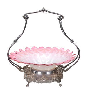 Brides Basket, Cranberry Opalescent Lattice Bowl: Brides Basket, Cranberry Opalescent Lattice Bowl, 14" x 14", Beautiful Scalloped Bowl Nicely Fitted On Webster #180 Silverplate Frame - Nice Form, Private Collection