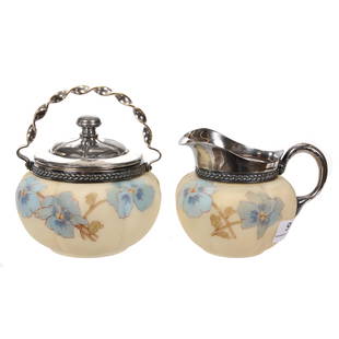 Creamer & Sugar Marked Smith Brothers Art Glass: Creamer & Sugar Marked Smith Brothers Art Glass, 3.5" x 3.75", Cream Tones With Blue Pansy Decor - Silverplate Tops - Nice Quality, Wilson Family Collection, Illinois