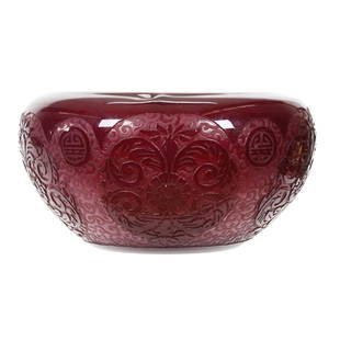 Bowl, Unmarked Steuben Plum Jade Double Acid Etched: Bowl, Unmarked Steuben Plum Jade Double Acid Etched, 4.25" x 8", Medallion And Floral Design - Fantastic Color - Steuben Shape #2687, Collection of David Halsted, Kansas