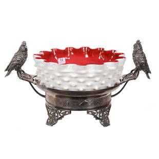 Brides Basket, Cranberry & White Cased Hobnail: Brides Basket, Cranberry & White Cased Hobnail, 8.25" x 15.5", Bowl With Enamel Floral Decor, Set On Derby #3217 Silverplate Stand, Nice Quality, Private Collection