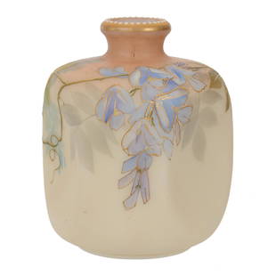 Vase Marked Smith Brothers, Three Sided: Vase Marked Smith Brothers, Three Sided, 4.75" x 3.75", Cream Tones With Blue Floral Decor, Enameled Beaded Rim - One Bead With Partial Enamel Loss, Wilson Family Collection, Illinois
