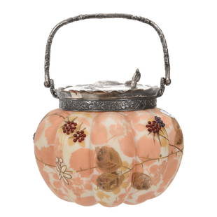 Biscuit Jar, Unmarked Crown Milano, Applied Jewels: Biscuit Jar, Unmarked Crown Milano, Applied Jewels, 5.25" x 6.75", Melon Ribbed Form With Cream Tones, Pink And Yellow Leaf And Blossom Background With Gold Enamel Leaf Decor - Applied Colored Jewel
