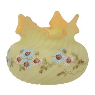 Vase Unmarked Mt. Washington Swirl Mold Yellow Tones: Vase Unmarked Mt. Washington Swirl Mold Yellow Tones, 3.25" x 4", Enamel Floral Blossom Decor, Four Pulled "Ears" Rim, Wilson Family Collection, Illinois