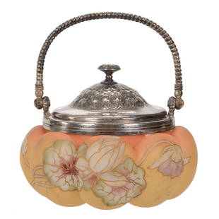 Sweetmeat, Unmarked Crown Milano Art Glass: Sweetmeat, Unmarked Crown Milano Art Glass, 4" x 5.5", Melon Ribbed, Burmese Colors With Waterlily Decor - Silverplate Lid And Bail - Cute, Wilson Family Collection, Illinois