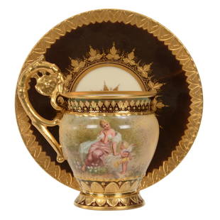 Cup & Saucer Marked Beehive Cherub Decor: Cup & Saucer Marked Beehive Cherub Decor, 4.75" x 5.5", Brown Border With Extensive Gold Trim - Scene Of Young Woman Sitting Near Cherub - Nice Quality!, Private Collection
