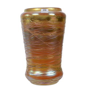 Vase Signed Durand #1969-10, Gold Iridescent: Vase Signed Durand #1969-10, Gold Iridescent, 9.5" x 6", Art Glass With Threaded Overlay (Some Thread Loss) - Nice Color!, Collection of David Halsted, Kansas
