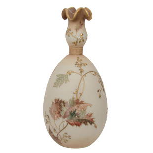 Vase, Marked Crown Milano #569, Art Glass: Vase, Marked Crown Milano #569, Art Glass, 13.5" x 6", Cream Tones With Colorful Autumn Leaf Decor, Gold Enameled Berry Highlights - Extra Nice, Wilson Family Collection, Illinois