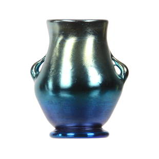 Miniature Vase, Signed L.C. Tiffany-Favrile #9081K: Miniature Vase, Signed L.C. Tiffany-Favrile #9081K, 2.75" x 2.5", Blue Iridescent, Two Handles - Extra Nice!, Collection of David Halsted, Kansas