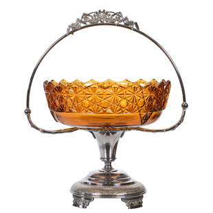 Brides Basket, Amber Peg Bowl Set On Original Stand: Brides Basket, Amber Peg Bowl Set On Original Stand, 12" x 10", Amber Button And Daisy Peg Bowl Set On Wilcox #2693 Silverplate Frame, Peg On Bowl Has Three Chips, Private Collection
