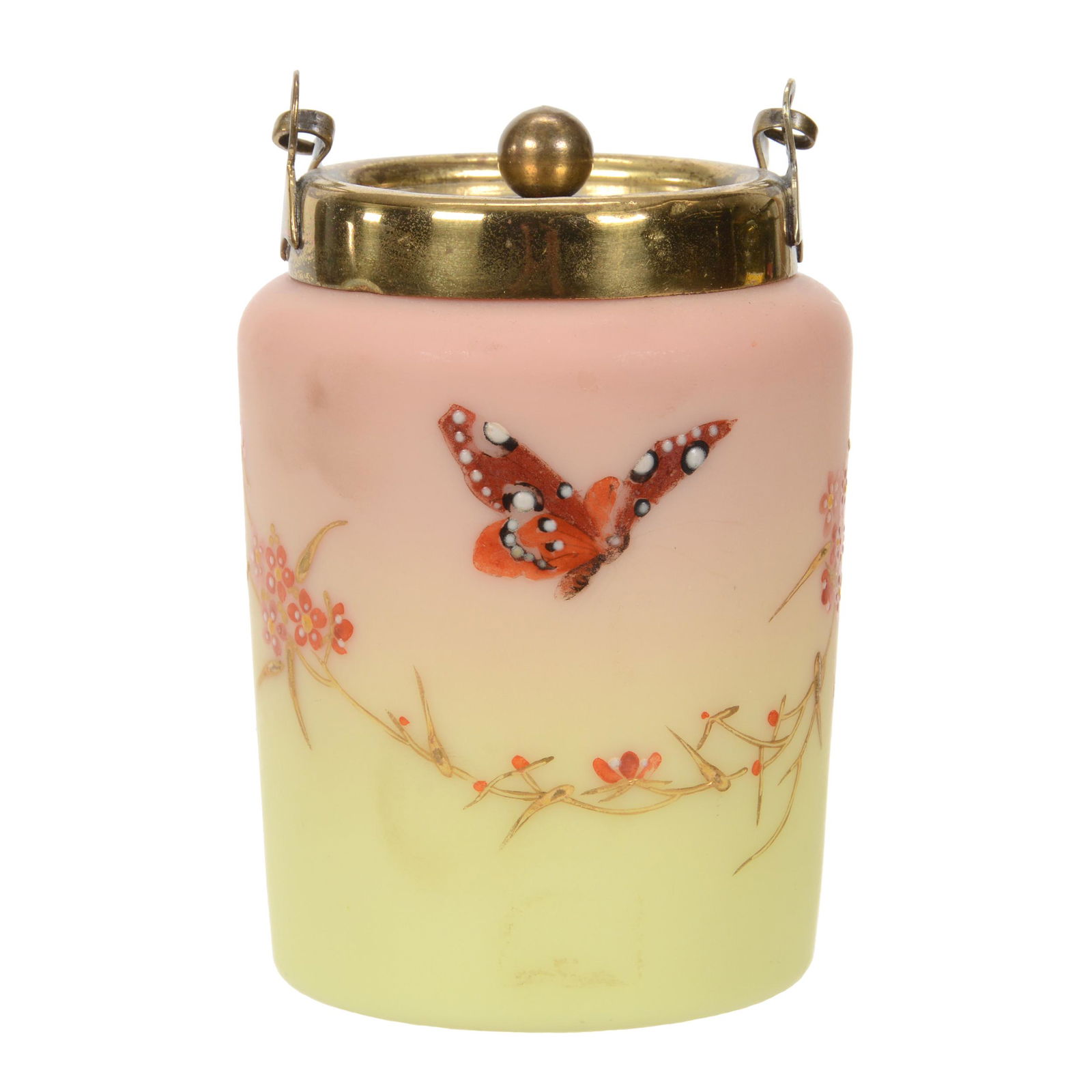 Jam Jar Marked Thomas Webb Queens Burmese Art Glass: Jam Jar Marked Thomas Webb Queens Burmese Art Glass, 5.75" x 3.25", Beautiful Decorated Burmese With Butterfly, Blossom And Branch Decor - Brass Colored Lid And Bail, Wilson Family Collection, Illinoi