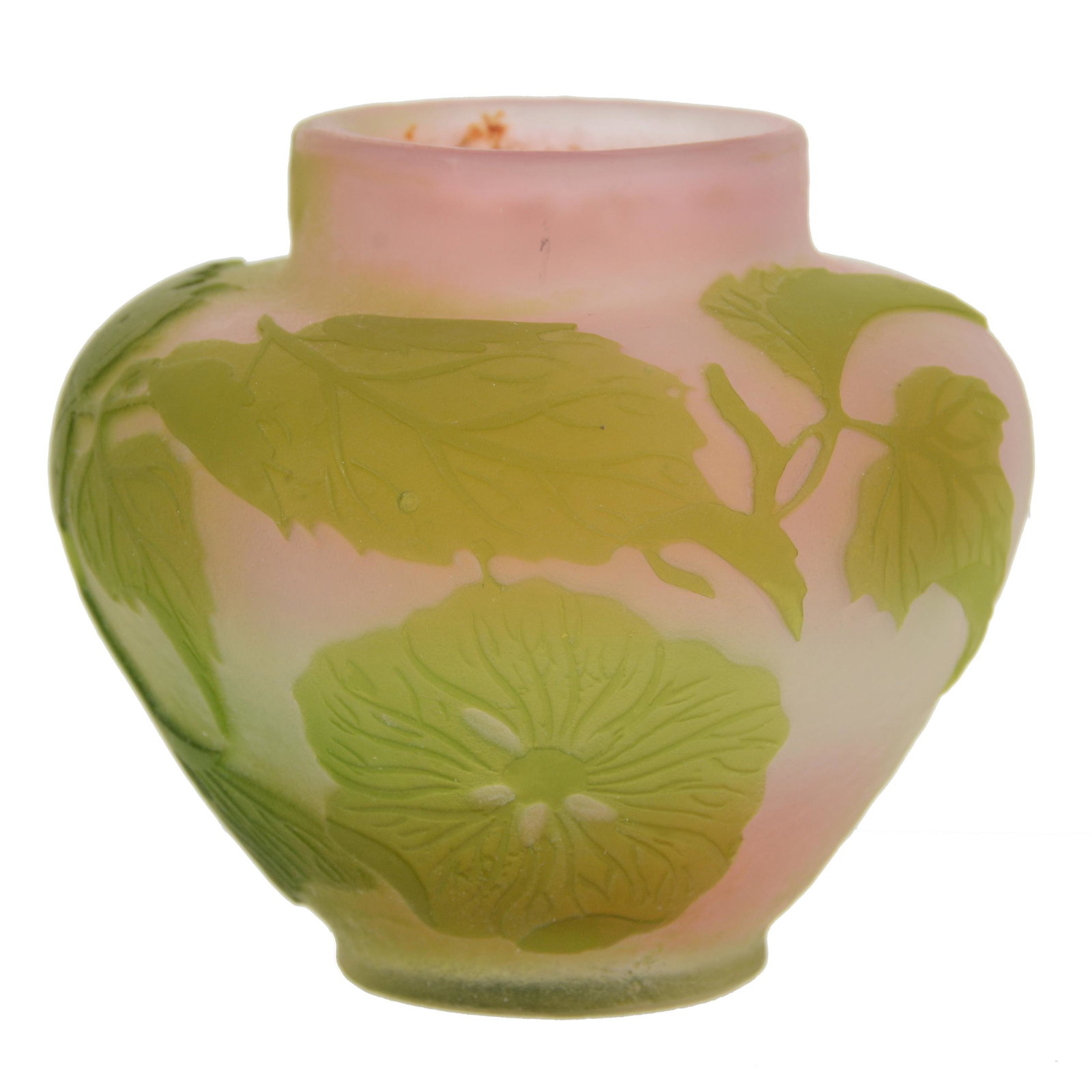 Vase Signed Galle French Cameo Art Glass: Vase Signed Galle French Cameo Art Glass, 2.5" x 3", Pink And White Ground With Green Cameo Carved Floral And Leaf Overlay, Collection of David Halsted, Kansas
