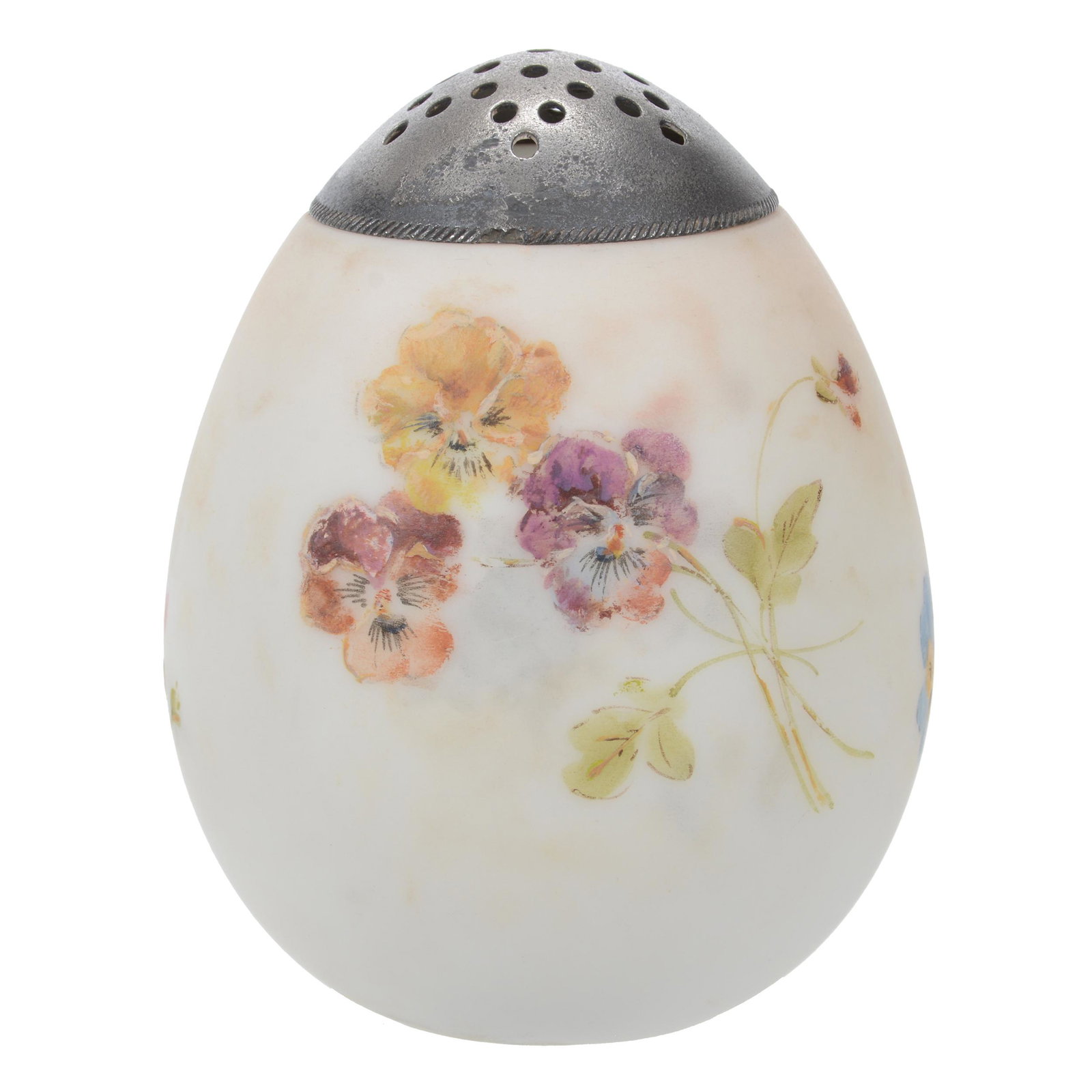 Sugar Shaker, Unmarked Mt. Washington Art Glass: Sugar Shaker, Unmarked Mt. Washington Art Glass, 4.25" x 3.25", Egg Form, Cream Tones With Colorful Pansy Decor, Wilson Family Collection, Illinois