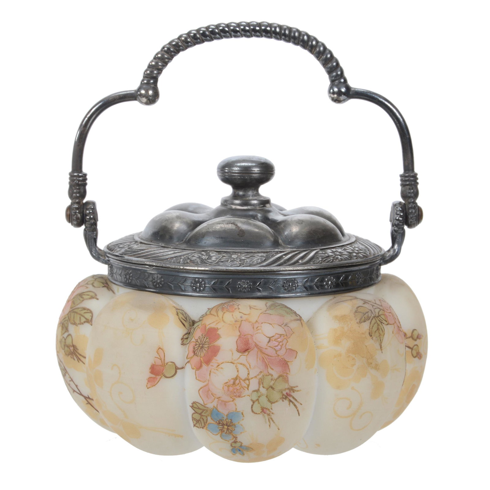 Sweetmeat Marked Crown Milano Art Glass: Sweetmeat Marked Crown Milano Art Glass, 4" x 5", Tomato Form, Cream Tones With Gold Floral Background And Colorful Gold Floral Highlights, Silverplate Lid And Bail, Wilson Family Collection, Illinois