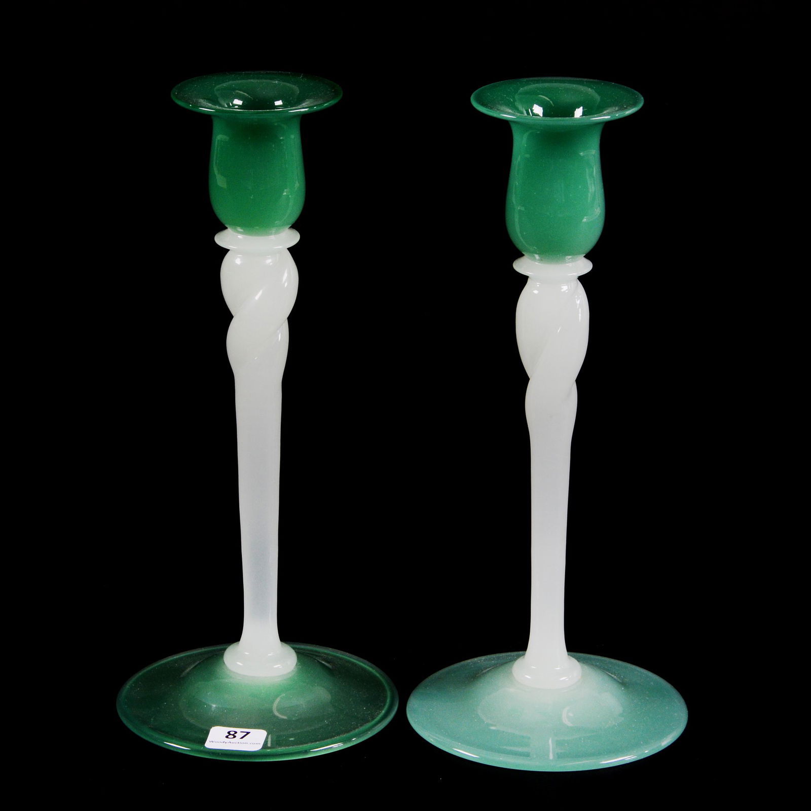Pair Candlesticks, Unmarked Steuben Art Glass (1 of 2)