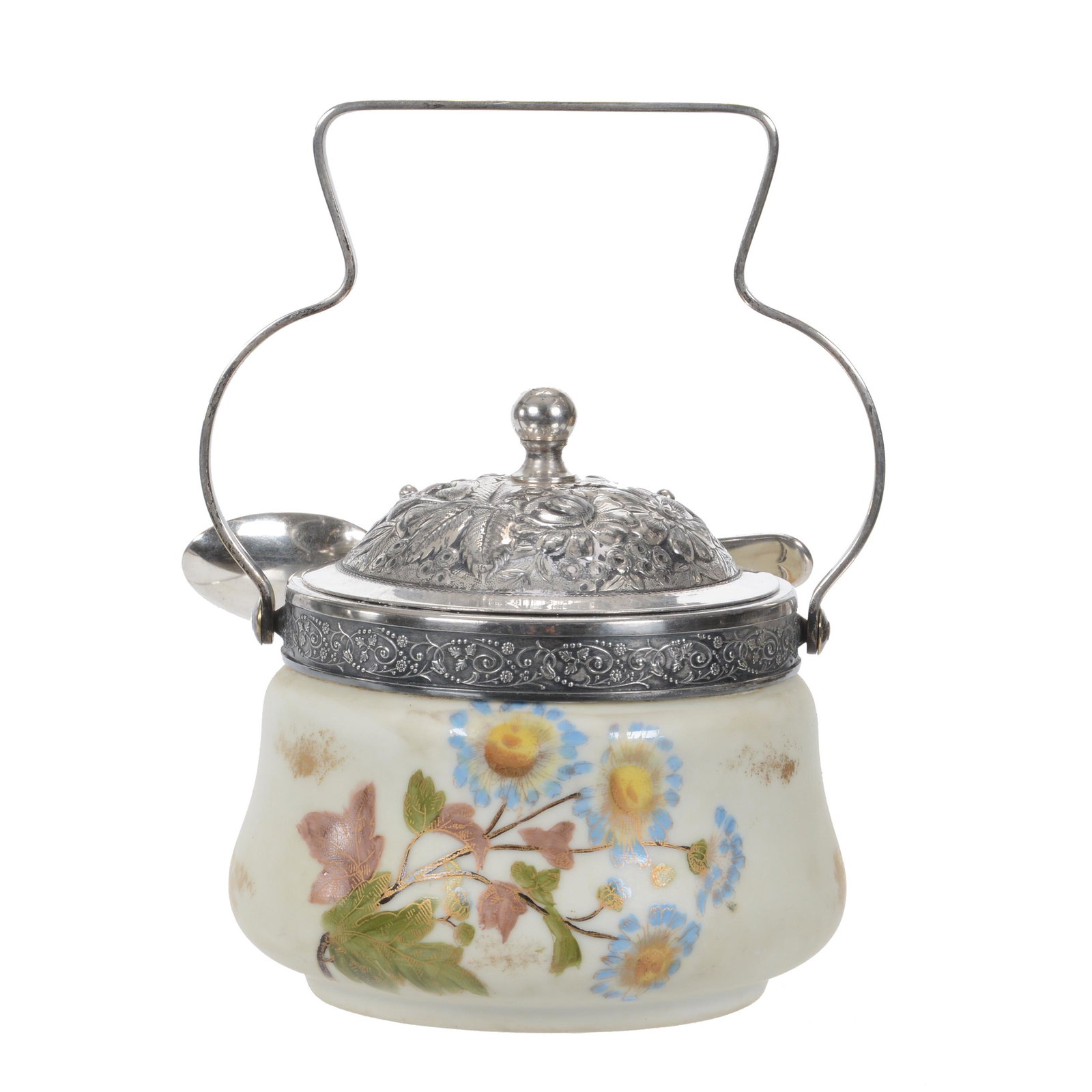 Jam Jar Marked Mark & Gutherz Carlsbad Porcelain: Jam Jar Marked Mark & Gutherz Carlsbad Porcelain, 4.5" x 4.25", Cream Tones With Colorful Floral Decor, Ornate Embossed Silverplate Lid And Bail, Wilson Family Collection, Illinois