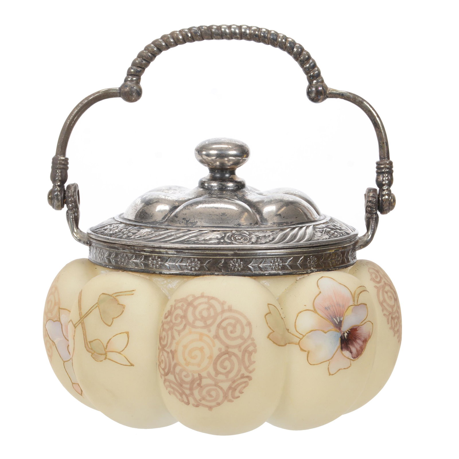 Sweetmeat, Unmarked Mt. Washington Art Glass: Sweetmeat, Unmarked Mt. Washington Art Glass, 4" x 5.25", Tomato Form, Cream Tones With Colorful Pansy Decor, Silverplate Lid And Bail, Wilson Family Collection, Illinois