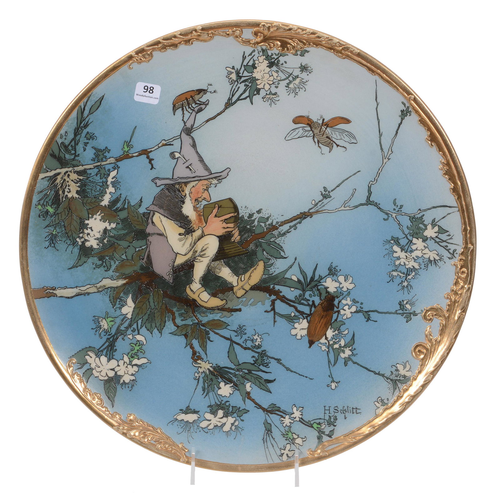 Charger Marked Mettlach #2113: Charger Marked Mettlach #2113, 16", Features A Gnome Seated On Tree Branch Drinking From Vessel, Surrounded By Large Insects, Artist Signed H. Schlitt, Private Collection
